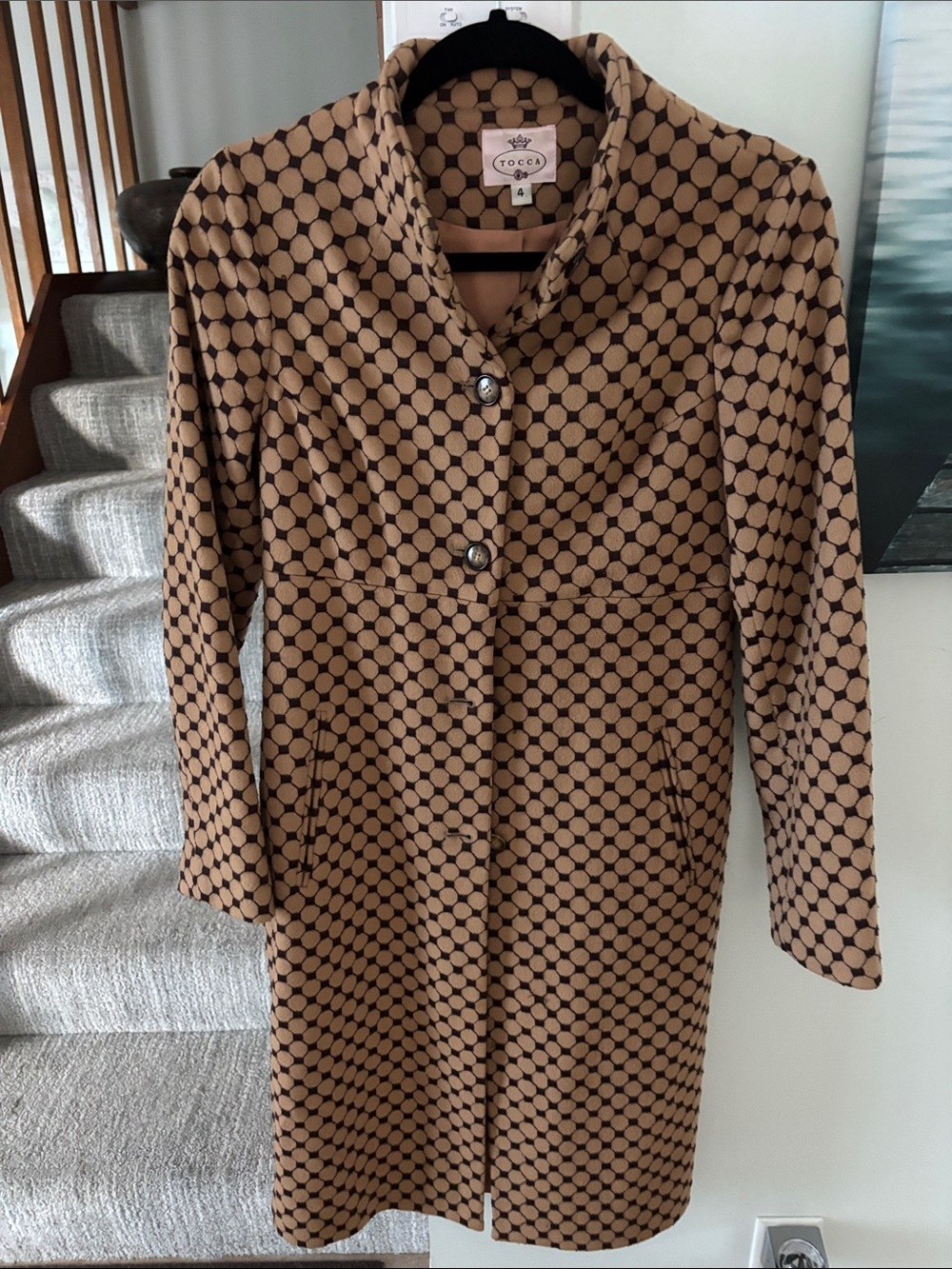 Tocca Tan and Black Geometric Long Sleeve Dress Coat